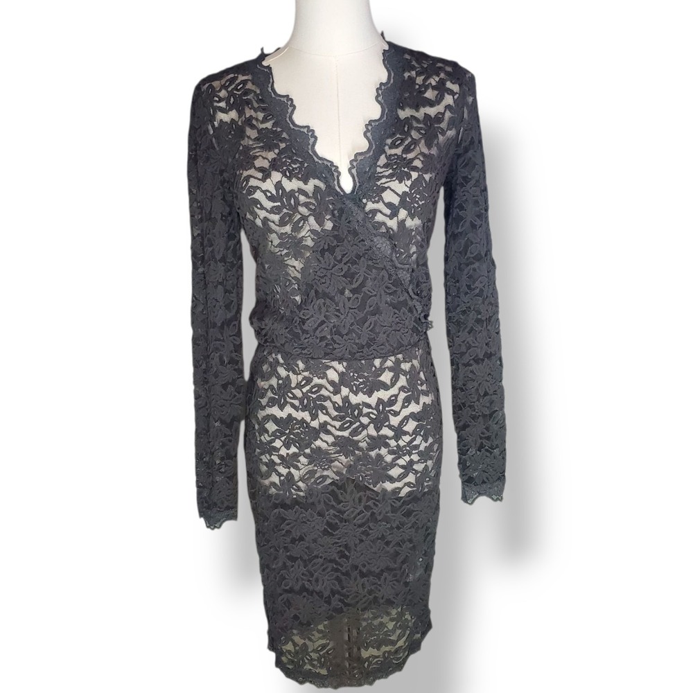 Rosemunde Copenhagen Black Floral Lace V-Neck Wrap Dress Womans Small Whimsigoth
